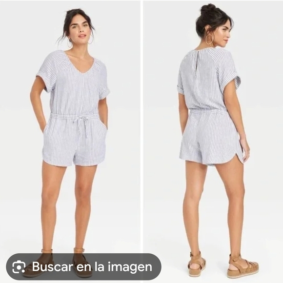 Universal Thread Pants - Universal Thread Blue & White Striped V-Neck Romper